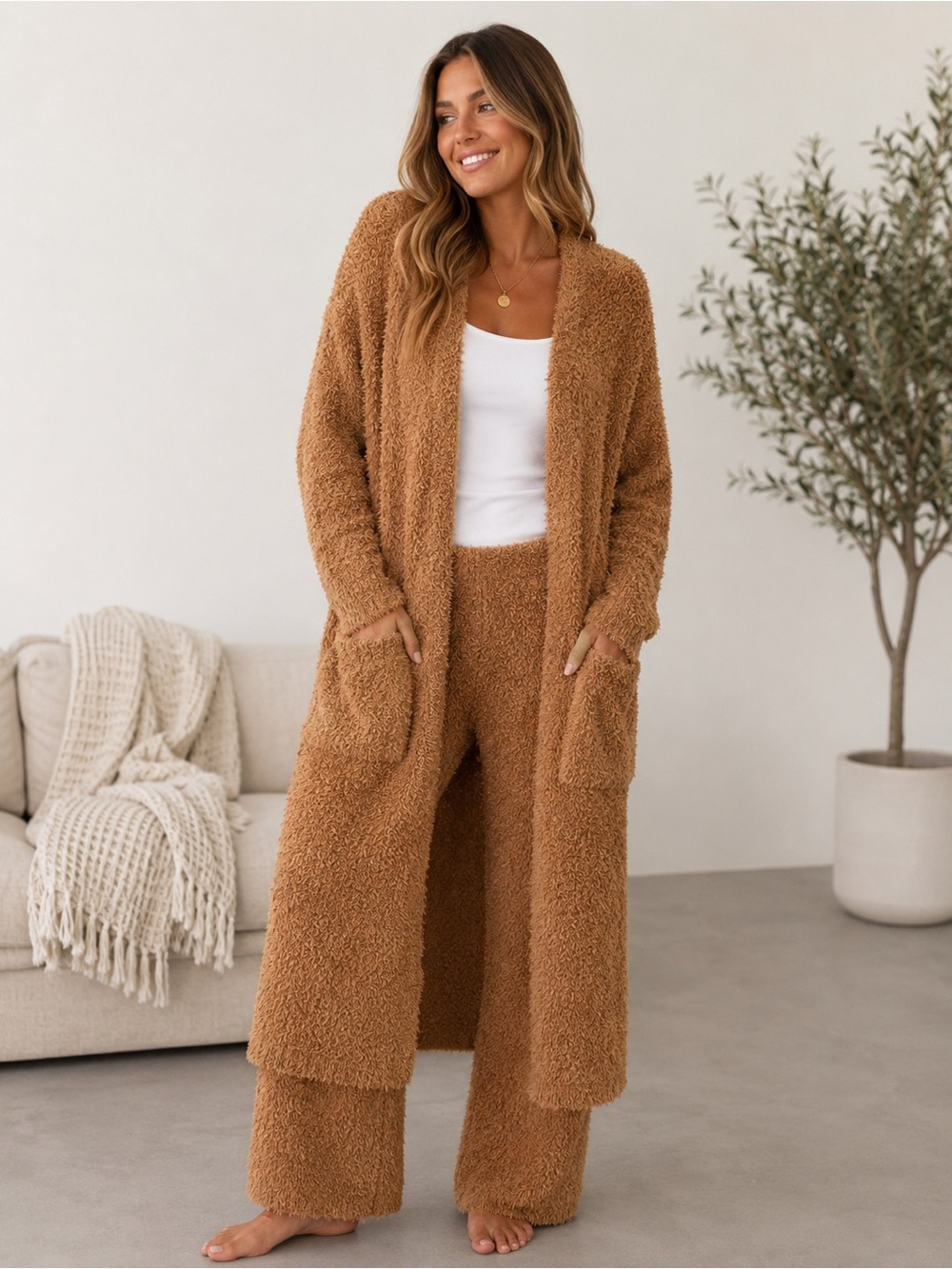 Gianni Bini Long Teddy Coatigan in Camel Brown with Pants